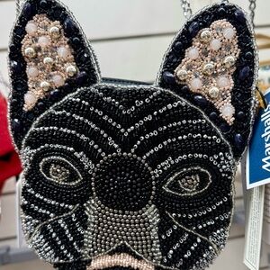 NEW Beaded BULLDOG Face Crossbody Bag with chain strap